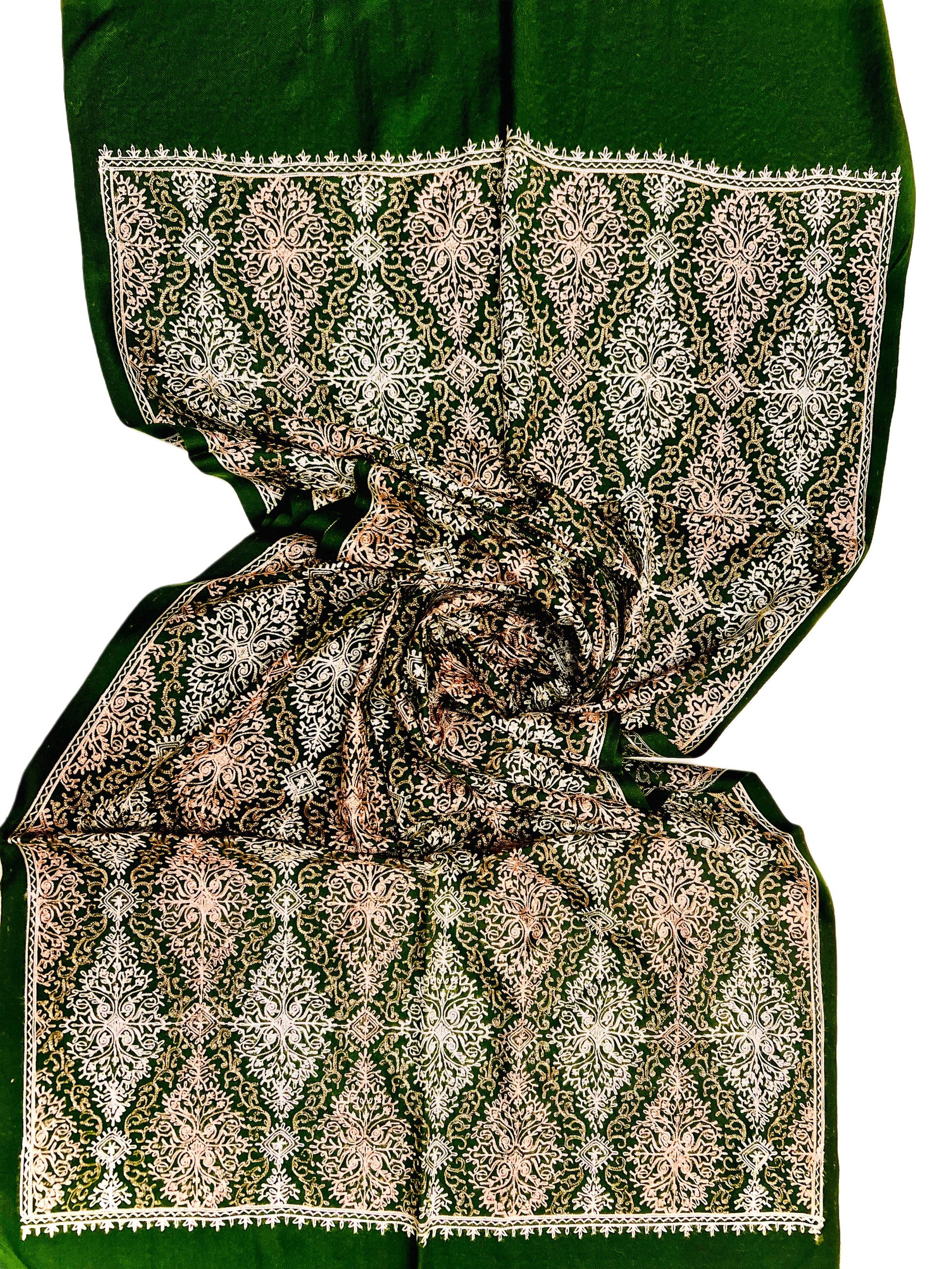 Green Nalki Ari Jaal Pashmina - Kashmiri Stole (Staller)