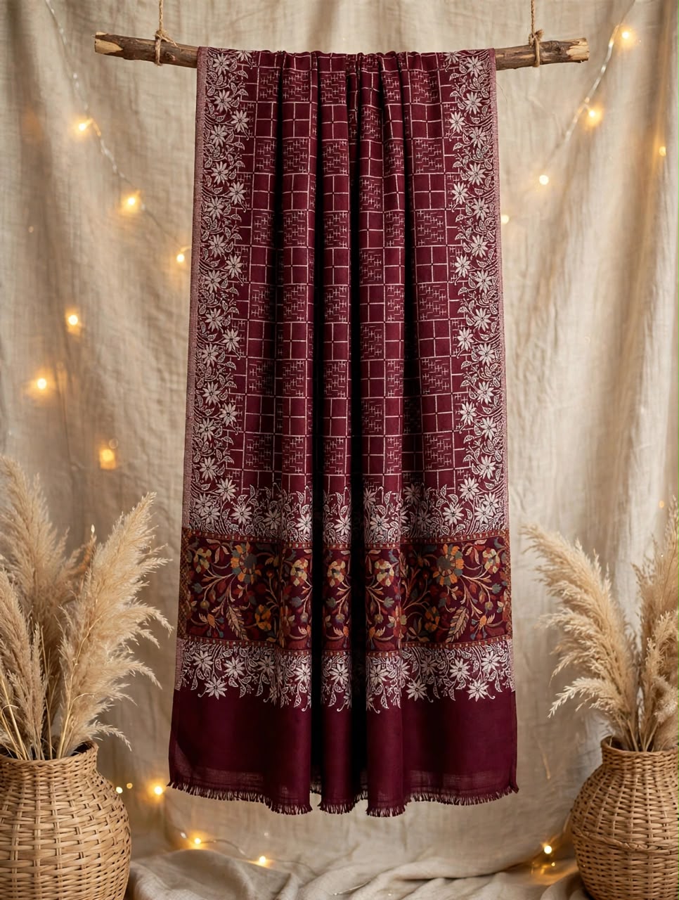Moonlight Kani Pashmina Shawl - Deep Maroon