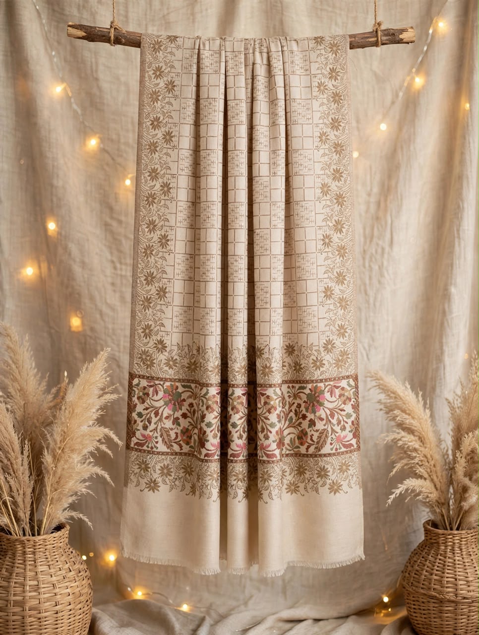 Moonlight Kani Pashmina Shawl - Light Cream